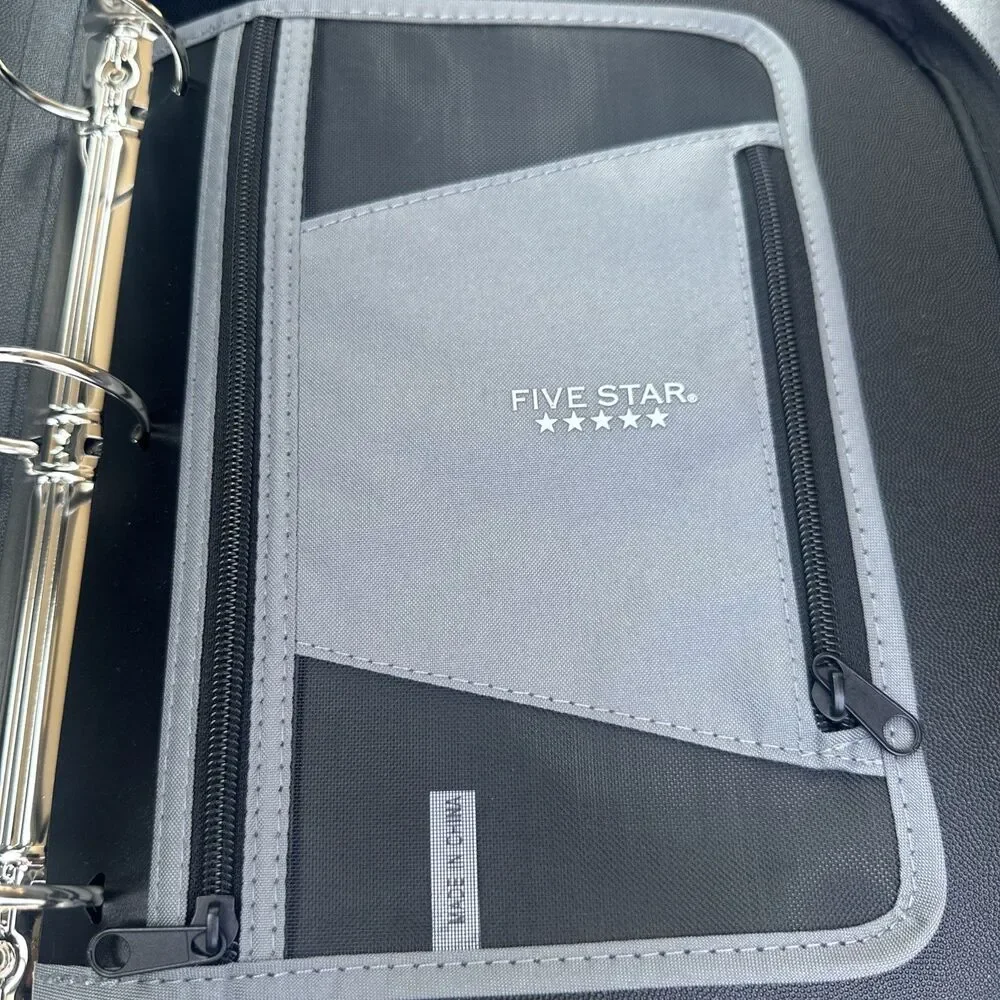 Five Star 3 Ring Binder with Zipper Closure Black with Grey Stripes New